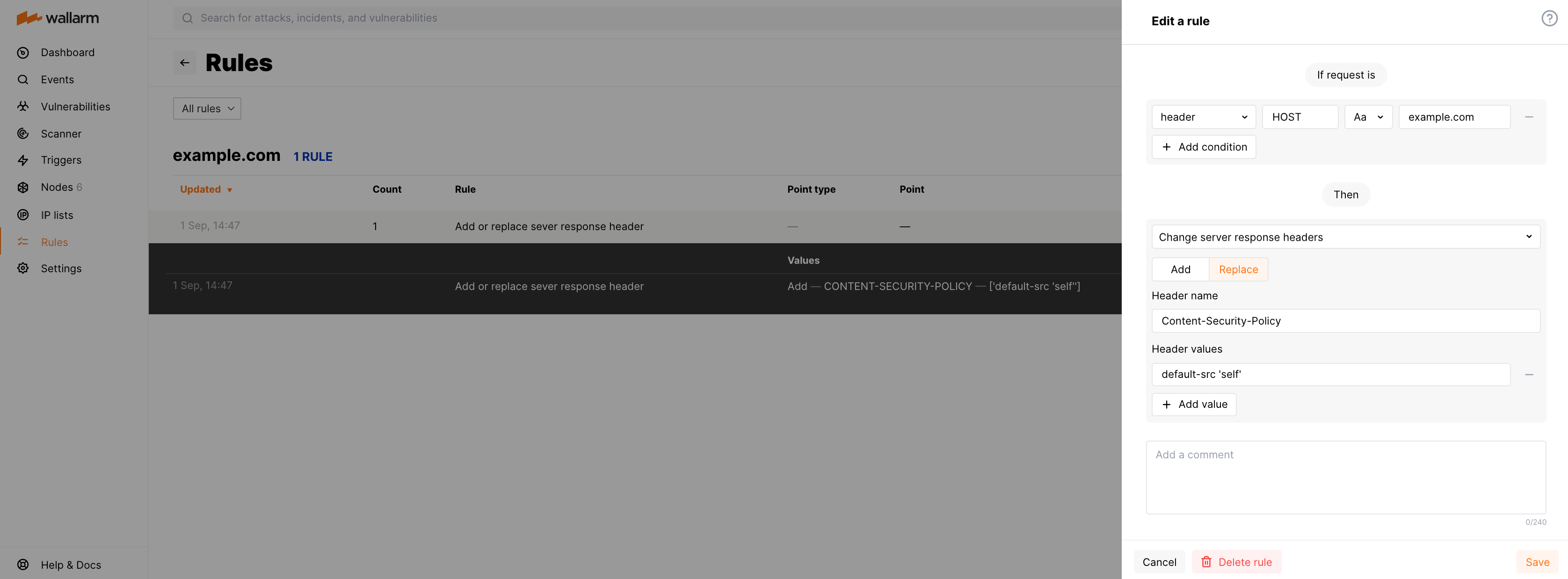 Example of the rule "Change server response headers"